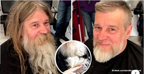 Obdachloser Mann ist nach einem kostenlosen Haar  und Bartschnitt nicht wiederzuerkennen